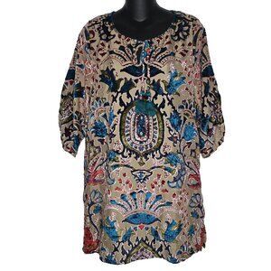 Whispers Tunic Dress Womens Small Floral Boho Velvet Burnout Tassels 3/4 Sleeves
